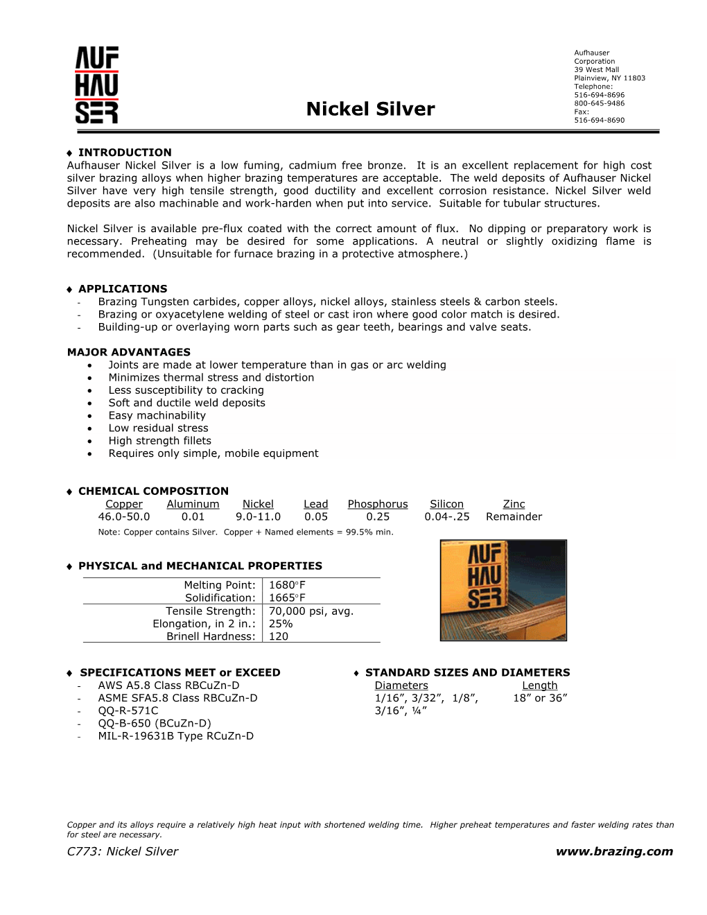 Aufhauser C773 Nickel Silver Datasheet