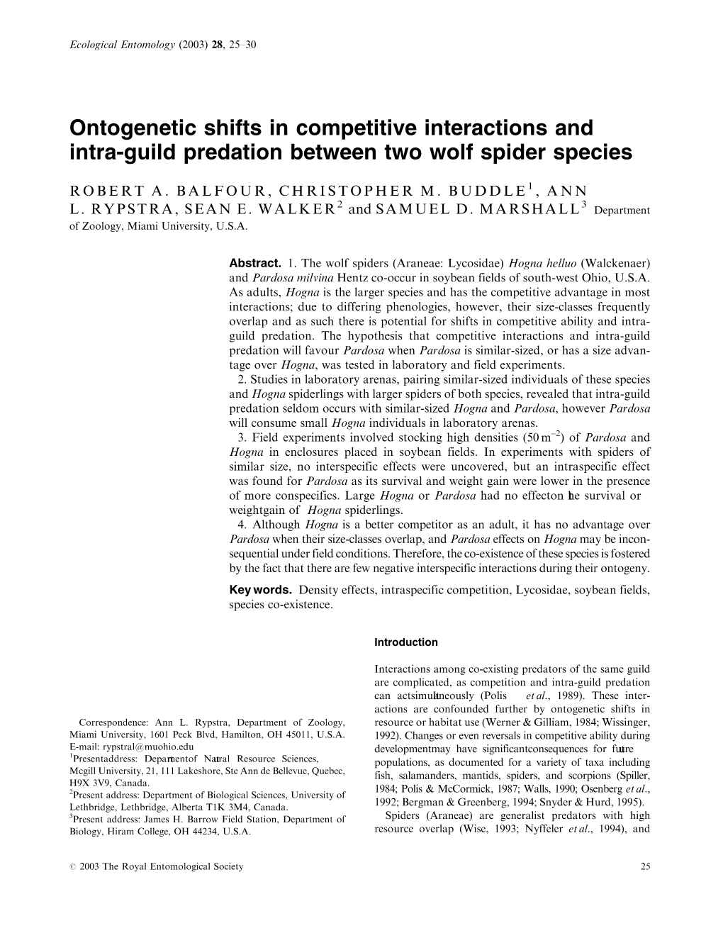 Ontogenetic Shifts in Competitive Interactions and Intra-Guild Predation Between Two Wolf Spider Species