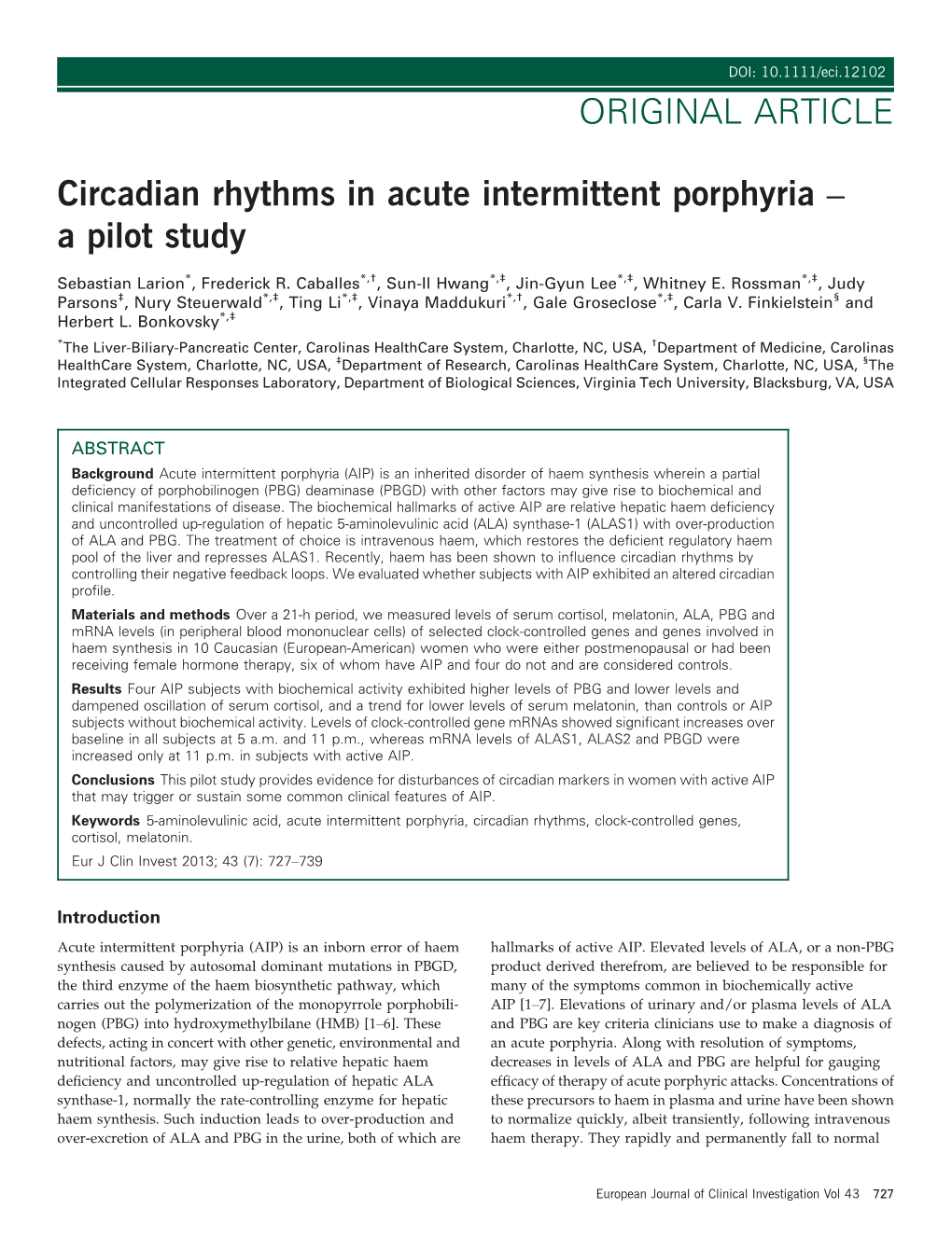 Circadian Rhythms in Acute Intermittent Porphyria a Pilot Study