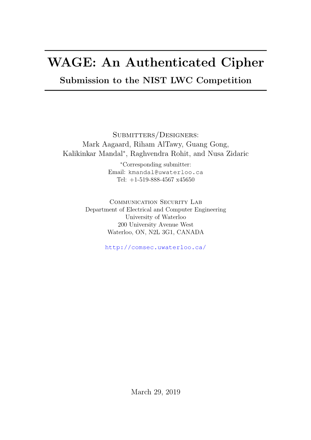 WAGE: an Authenticated Cipher Submission to the NIST LWC Competition