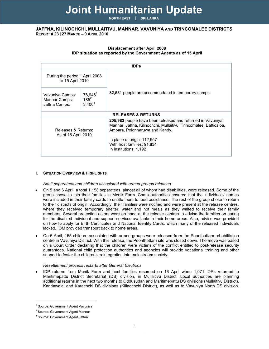 Joint Humanitarian Update NORTH EAST | SRI LANKA