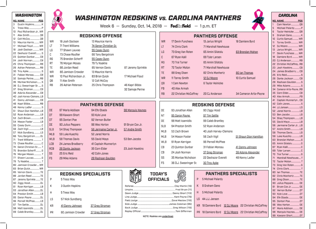 Washington Redskins Vs. Carolina Panthers No