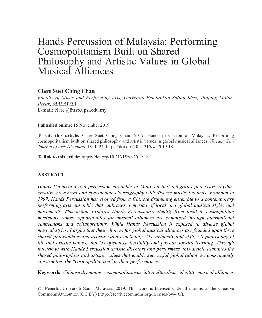 Hands Percussion of Malaysia: Performing Cosmopolitanism Built on Shared Philosophy and Artistic Values in Global Musical Alliances