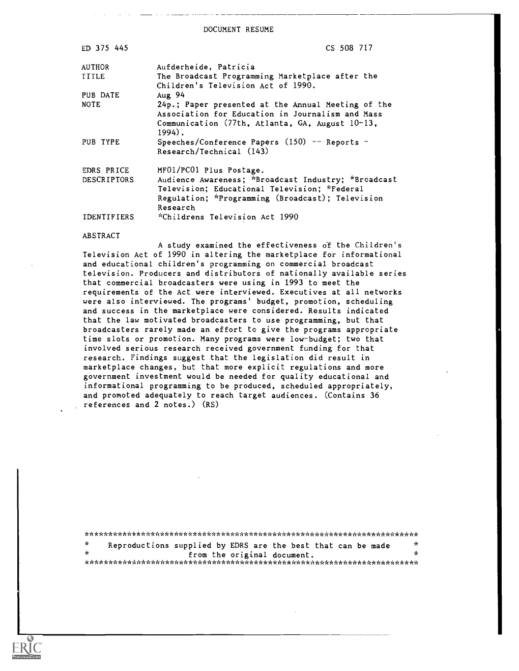 The Broadcast Programming Marketplace After the Children's Television Act of 1990