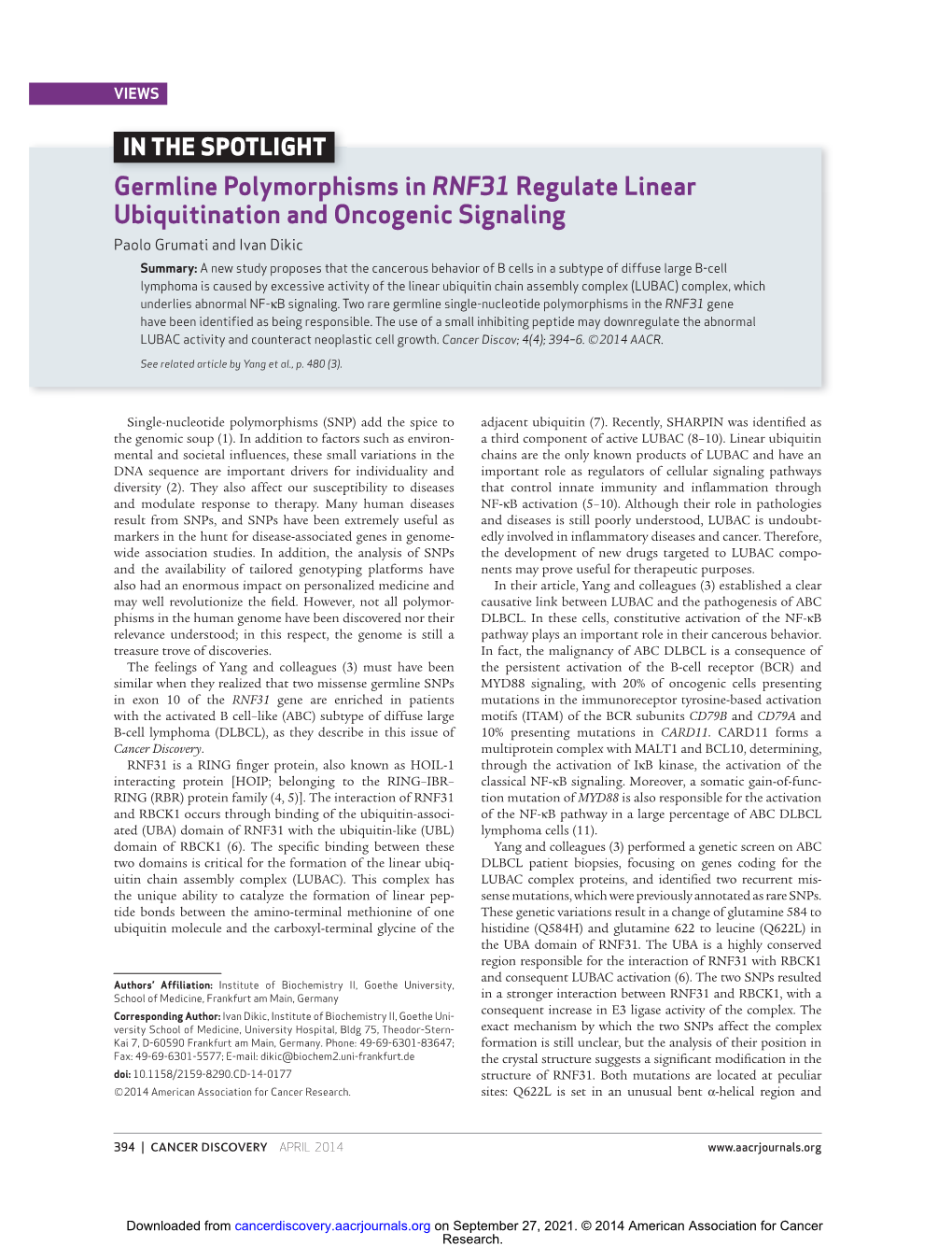 Germline Polymorphisms in RNF31 Regulate Linear Ubiquitination And