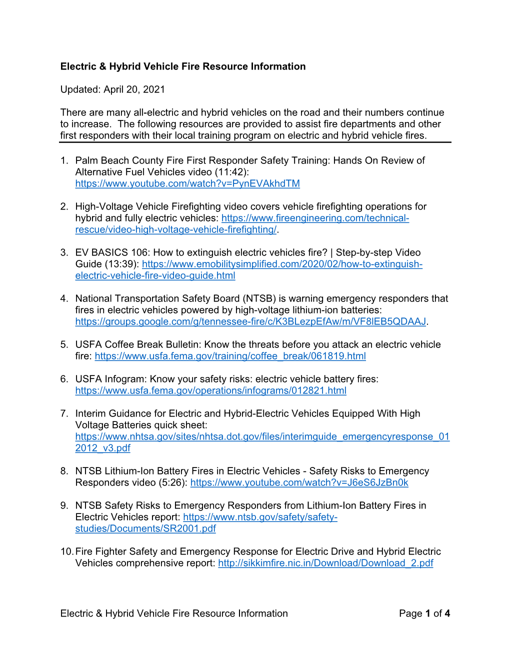 Electric & Hybrid Vehicle Fire Resource Information