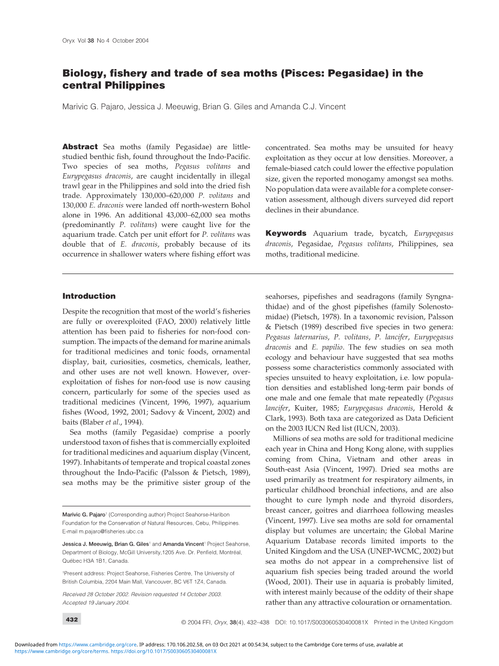 Biology, Fishery and Trade of Sea Moths (Pisces: Pegasidae) in the Central Philippines