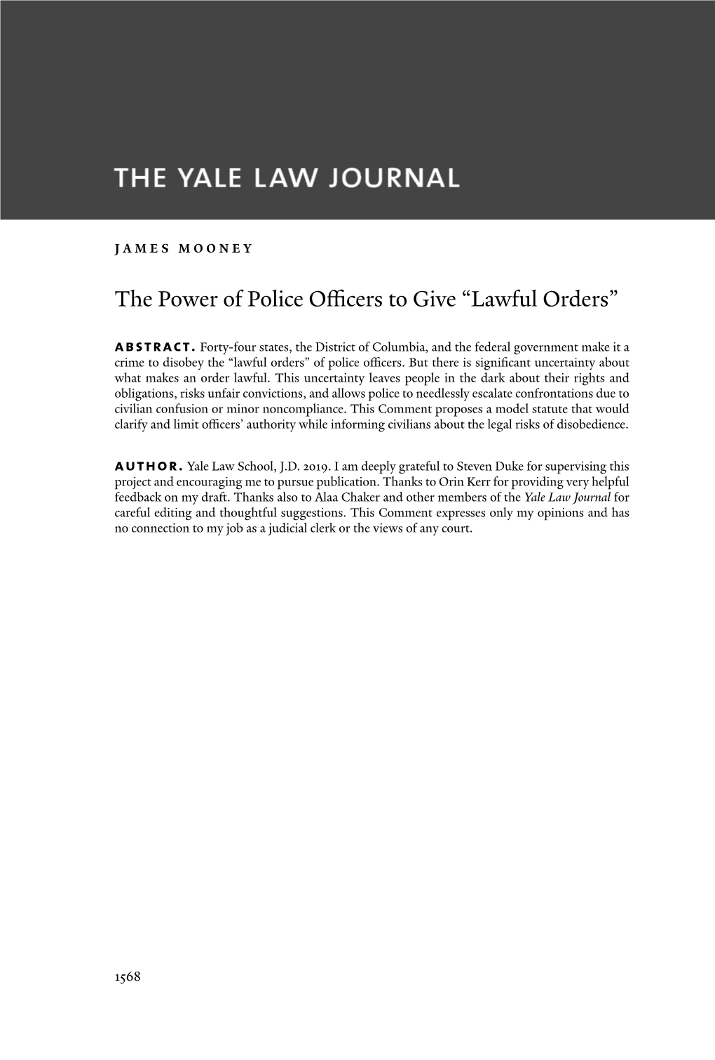 The Power of Police Officers to Give “Lawful Orders” Abstract