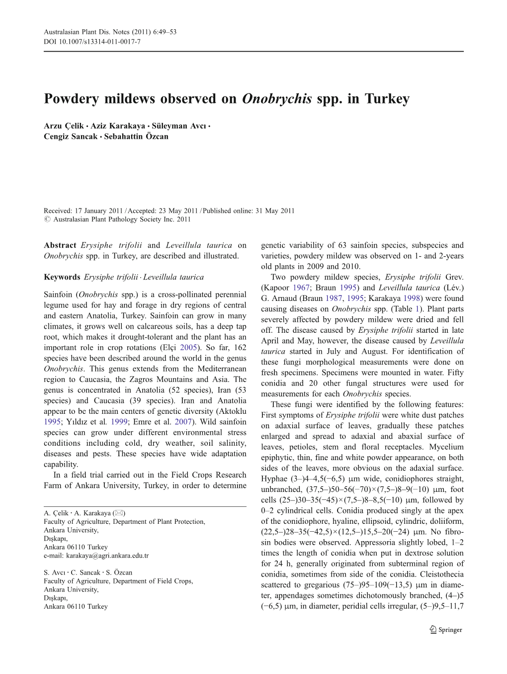 Powdery Mildews Observed on Onobrychis Spp. in Turkey