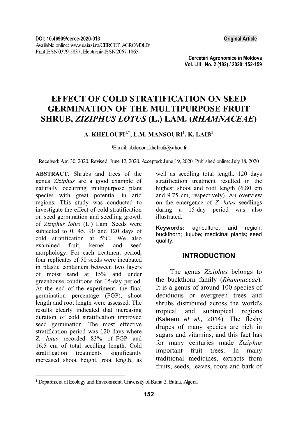 Effect of Cold Stratification on Seed Germination of the Multipurpose Fruit Shrub, Ziziphus Lotus (L.) Lam