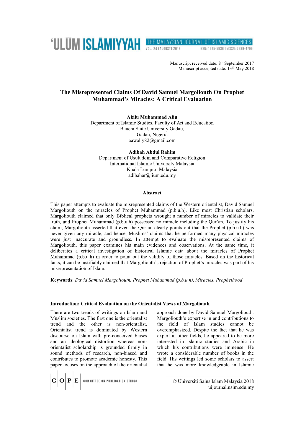 The Misrepresented Claims of David Samuel Margoliouth on Prophet Muhammad’S Miracles: a Critical Evaluation