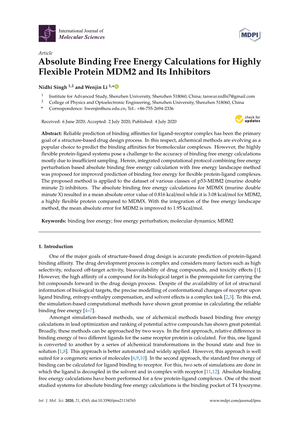 Absolute Binding Free Energy Calculations for Highly Flexible Protein MDM2 and Its Inhibitors