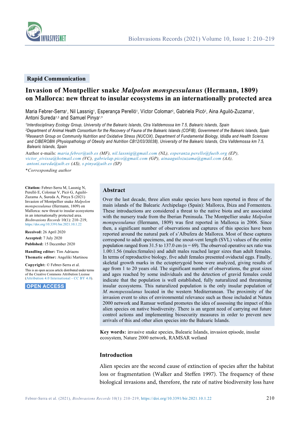 Invasion of Montpellier Snake Malpolon Monspessulanus (Hermann, 1809) on Mallorca: New Threat to Insular Ecosystems in an Internationally Protected Area