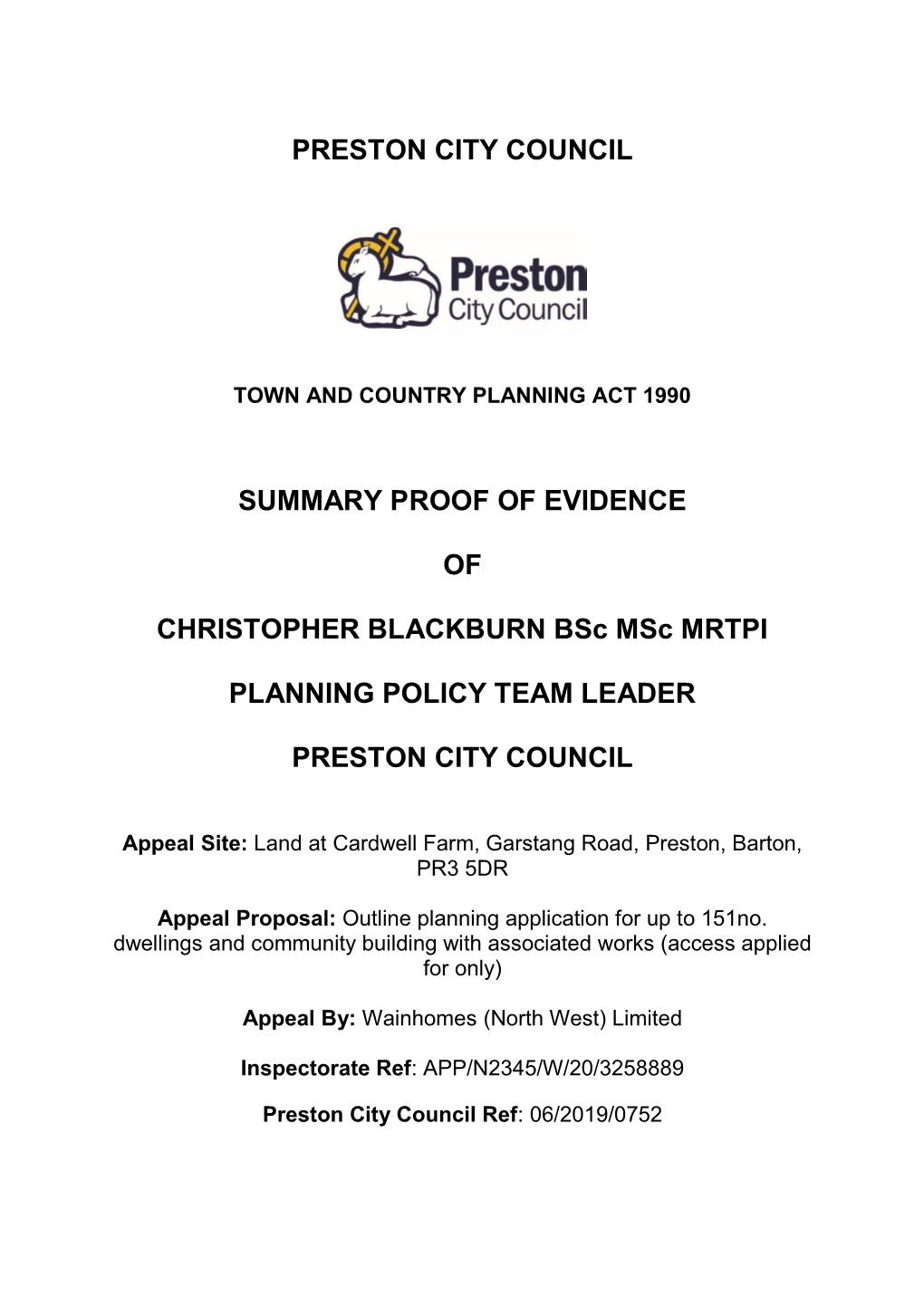 Summary Proof of Evidence by Christopher Blackburn