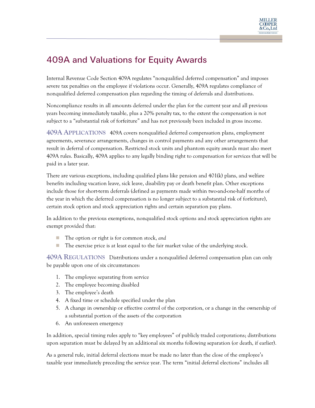 409A and Valuations for Equity Awards