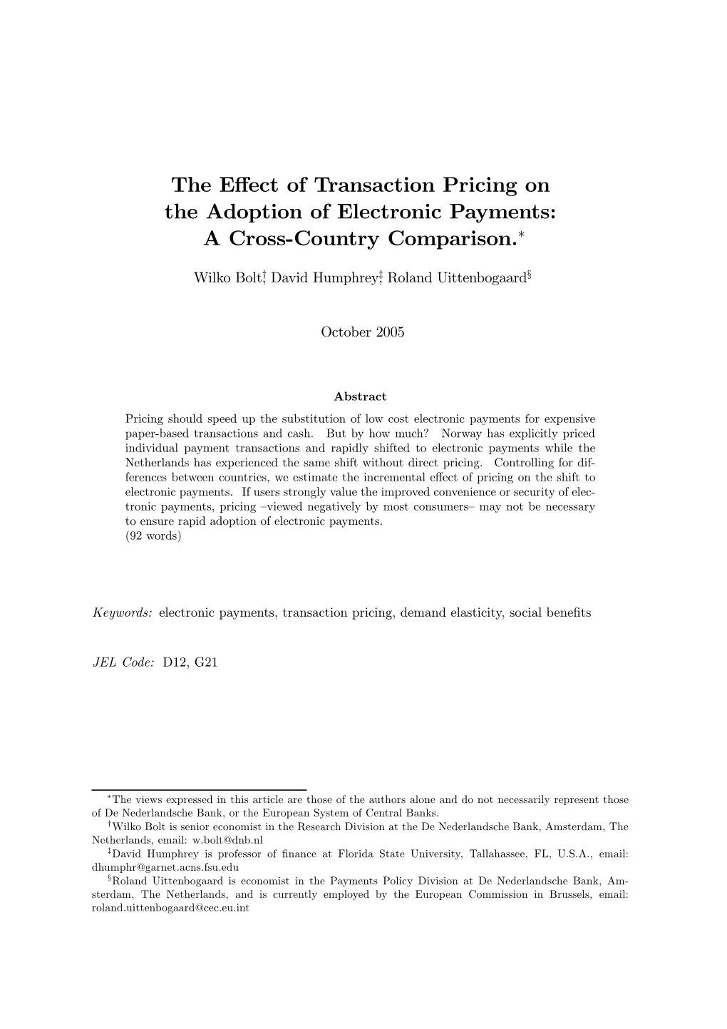 The Effect of Transaction Pricing on the Adoption of Electronic Payments