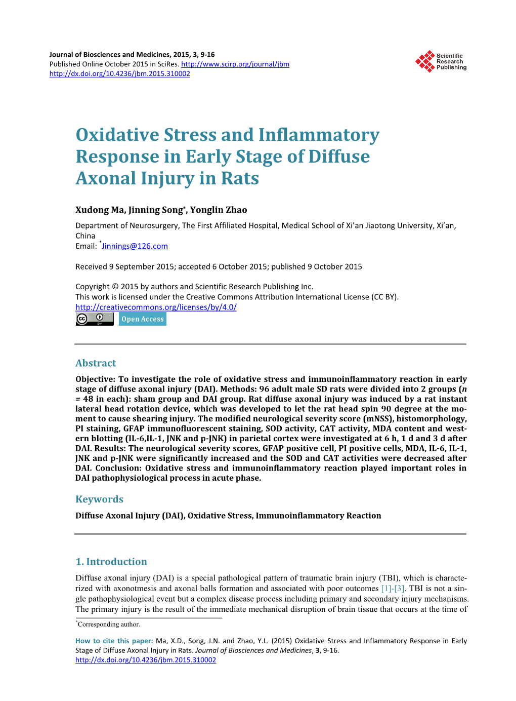 Oxidative Stress and Inflammatory Response in Early Stage of Diffuse Axonal Injury in Rats