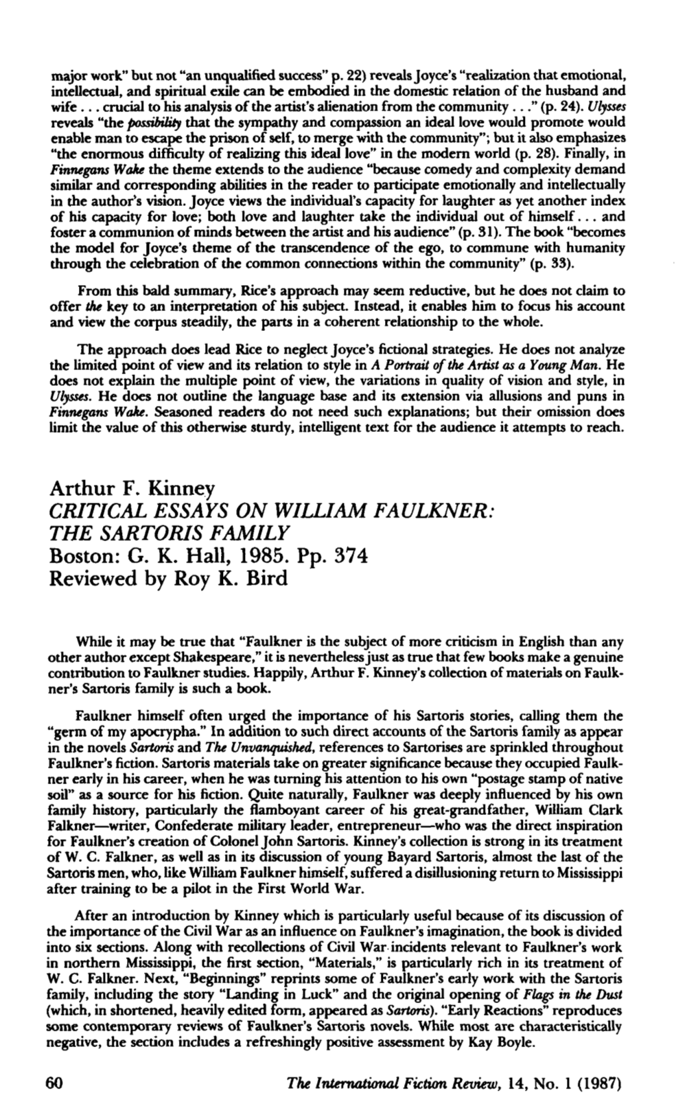 Arthur F. Kinney CRITICAL ESSAYS on WILLIAM FAULKNER: the SARTORIS FAMILY Boston: G