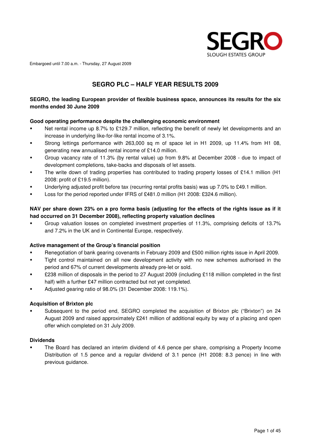 Segro Plc – Half Year Results 2009