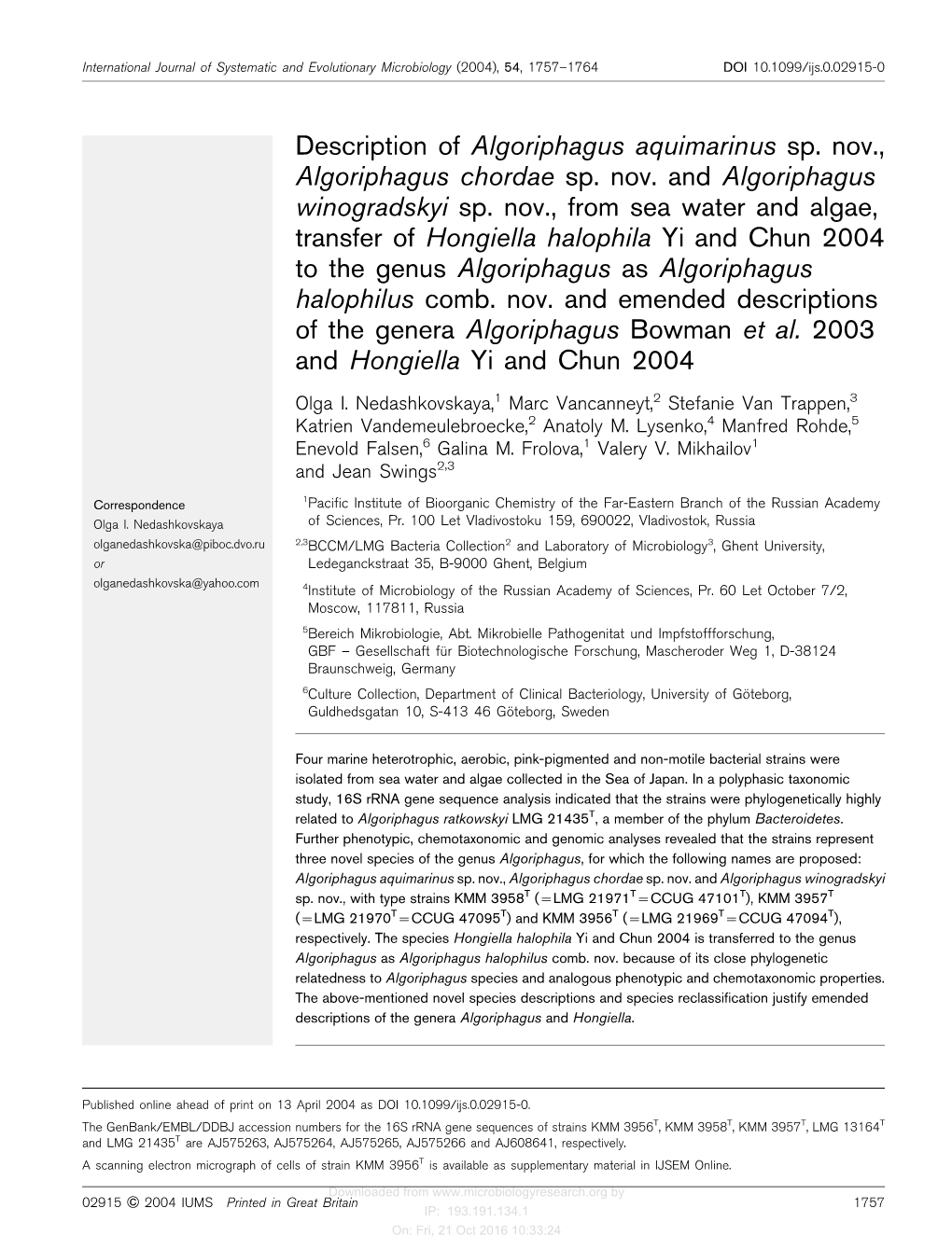 Description of Algoriphagus Aquimarinus Sp. Nov., Algoriphagus Chordae Sp