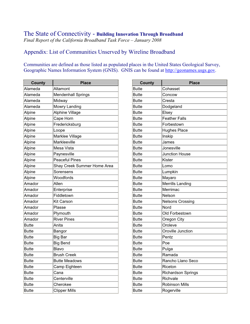 The State of Connectivity - Building Innovation Through Broadband Final Report of the California Broadband Task Force – January 2008