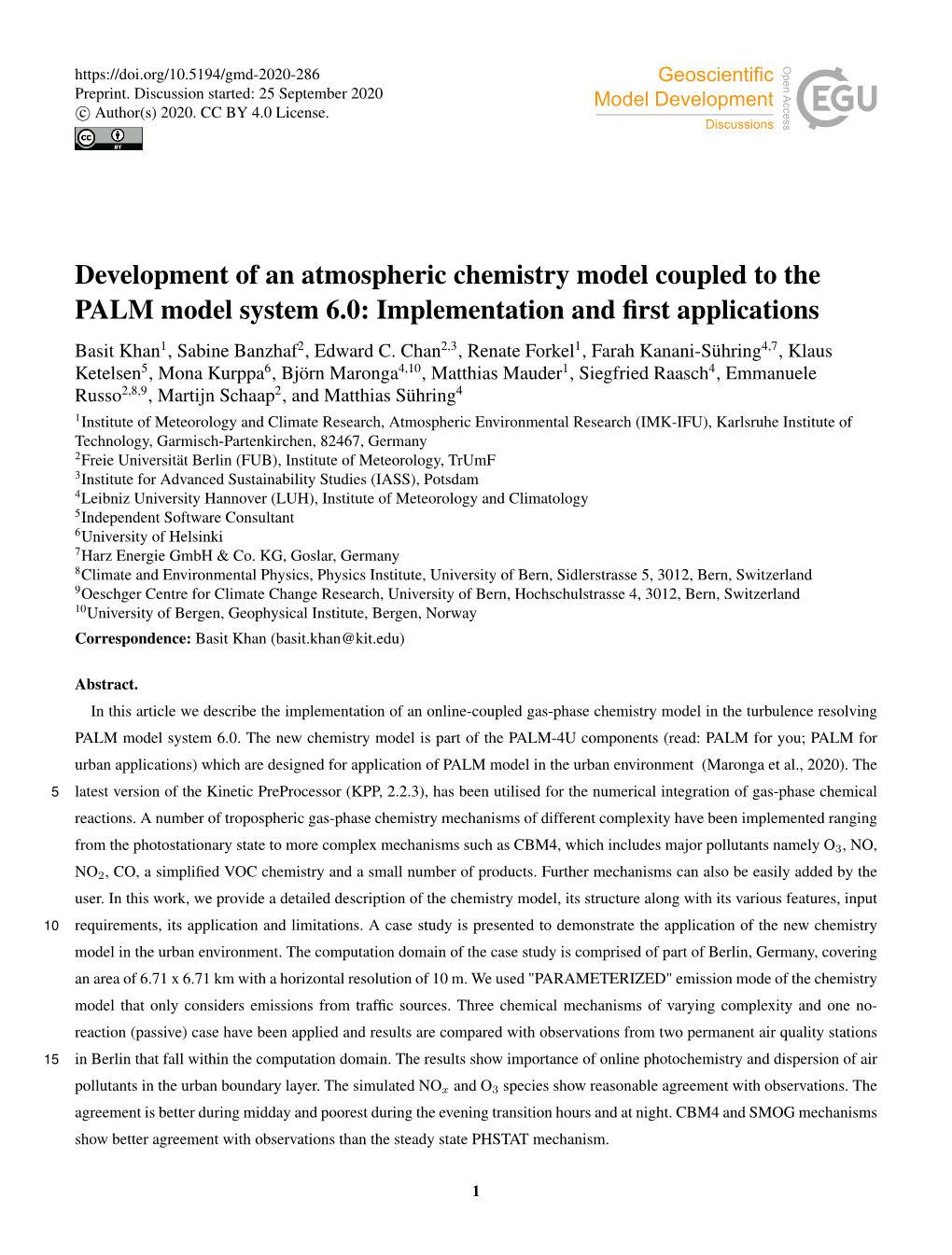 Development of an Atmospheric Chemistry Model Coupled to the PALM Model System 6.0: Implementation and First Applications