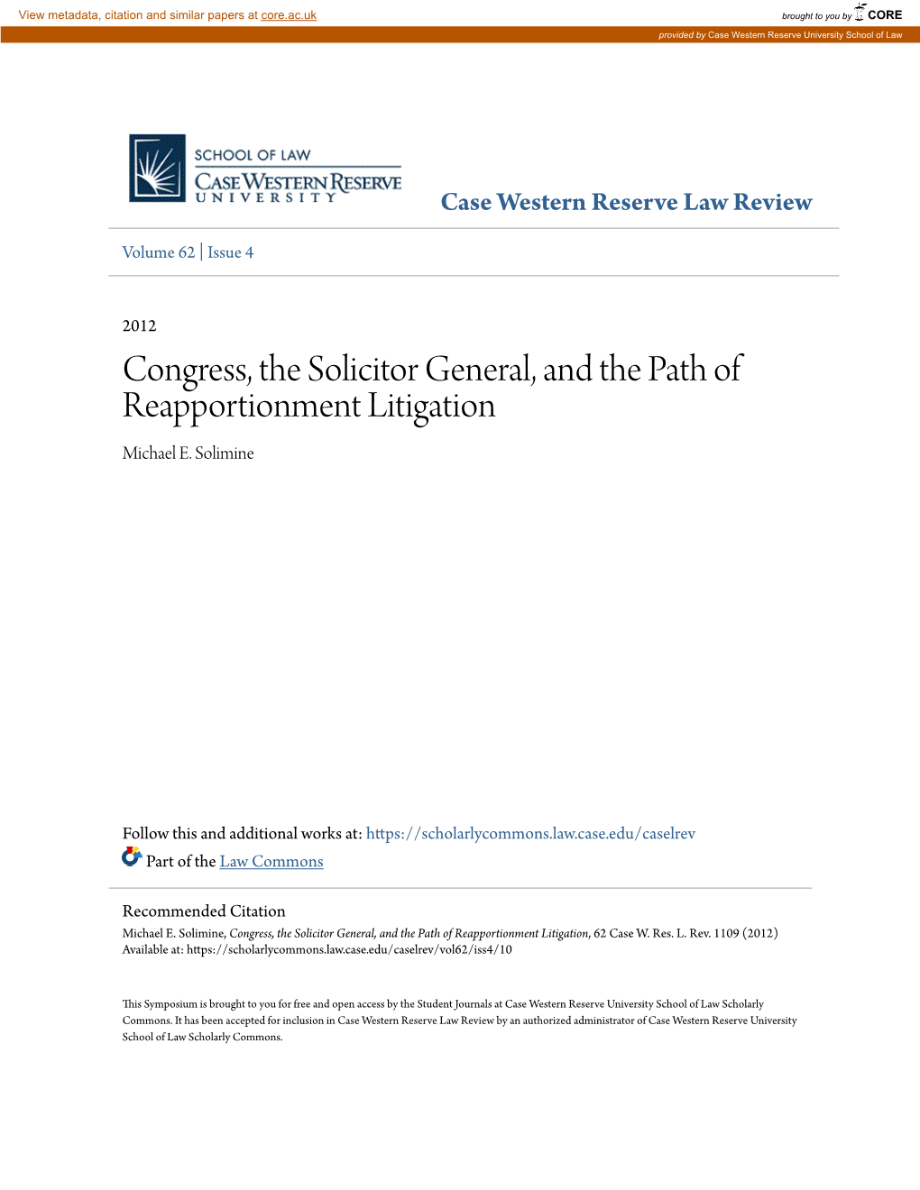 Congress, the Solicitor General, and the Path of Reapportionment Litigation Michael E