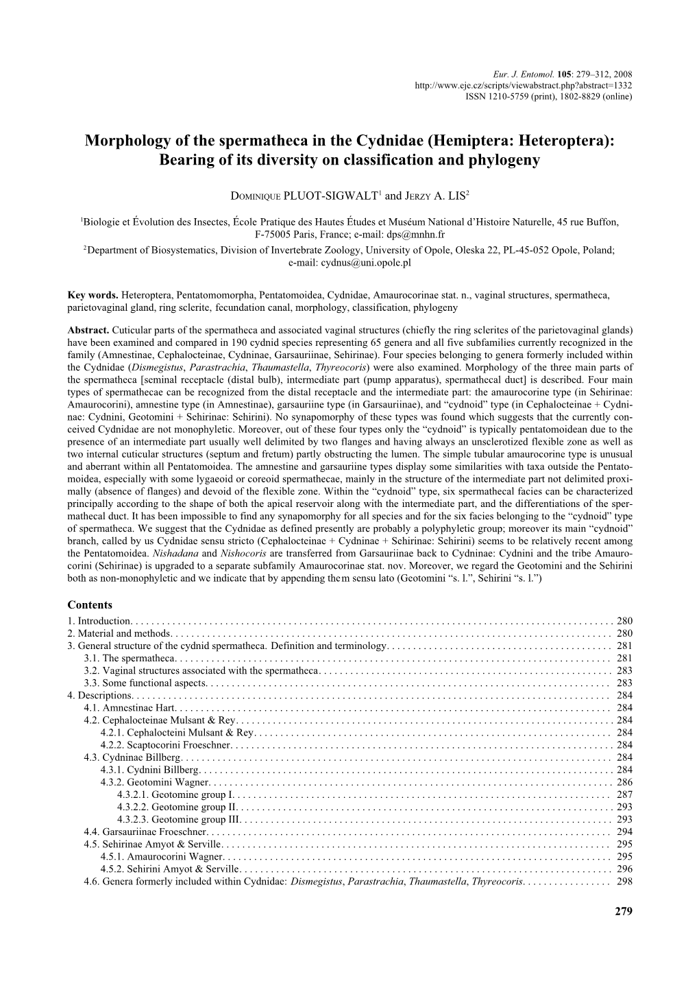 Morphology of the Spermatheca in the Cydnidae (Hemiptera: Heteroptera): Bearing of Its Diversity on Classification and Phylogeny