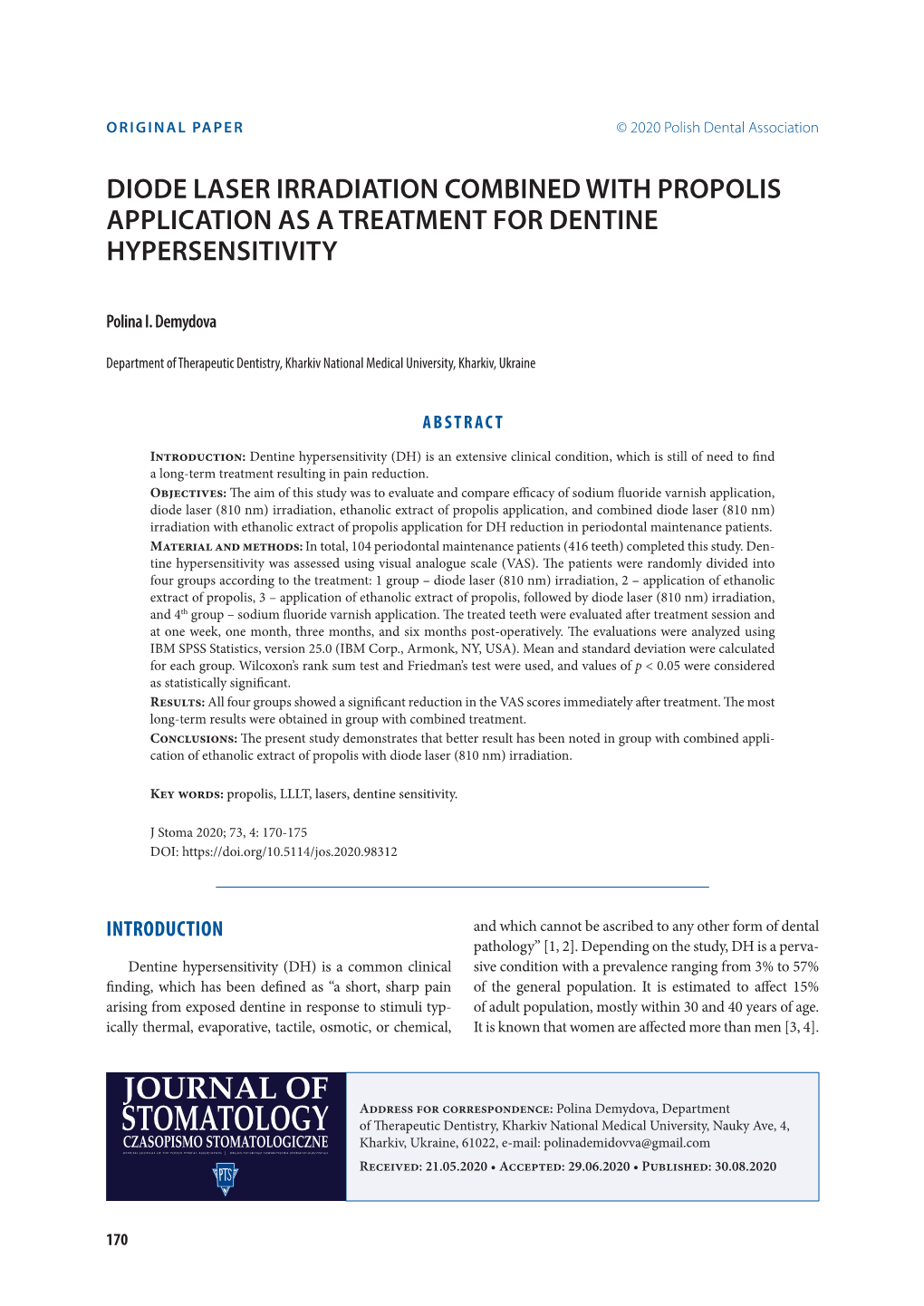 Diode Laser Irradiation Combined with Propolis Application As a Treatment for Dentine Hypersensitivity