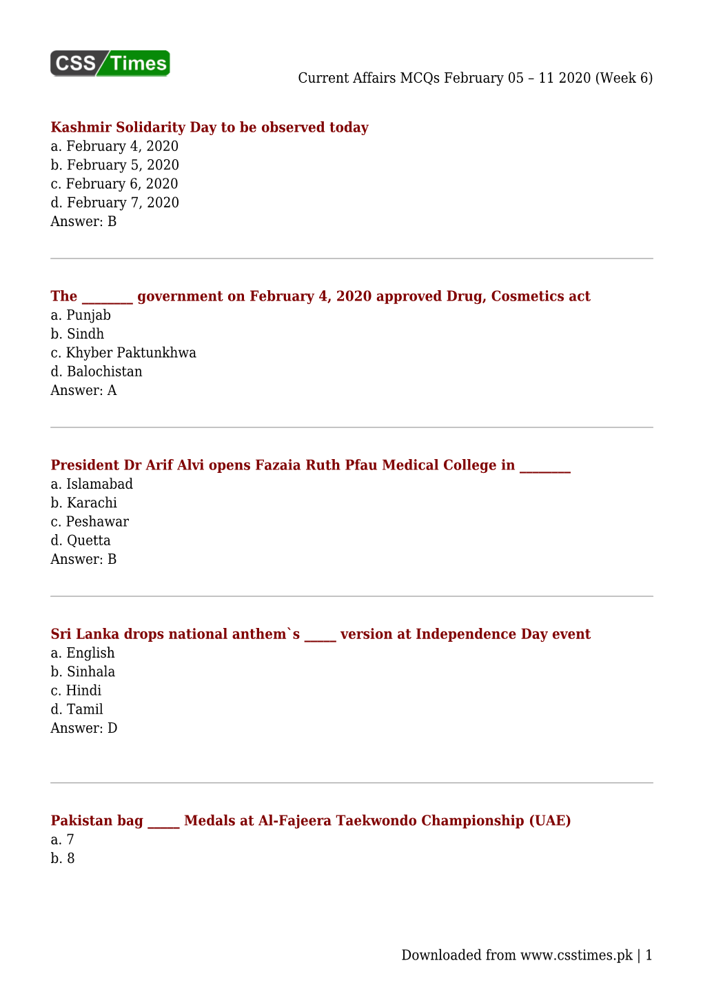 Current Affairs Mcqs February 05 – 11 2020