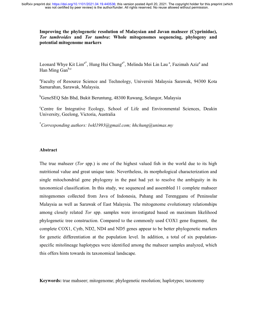 Improving the Phylogenetic Resolution of Malaysian and Javan Mahseer (Cyprinidae), Tor Tambroides and Tor Tambra: Whole Mitogeno