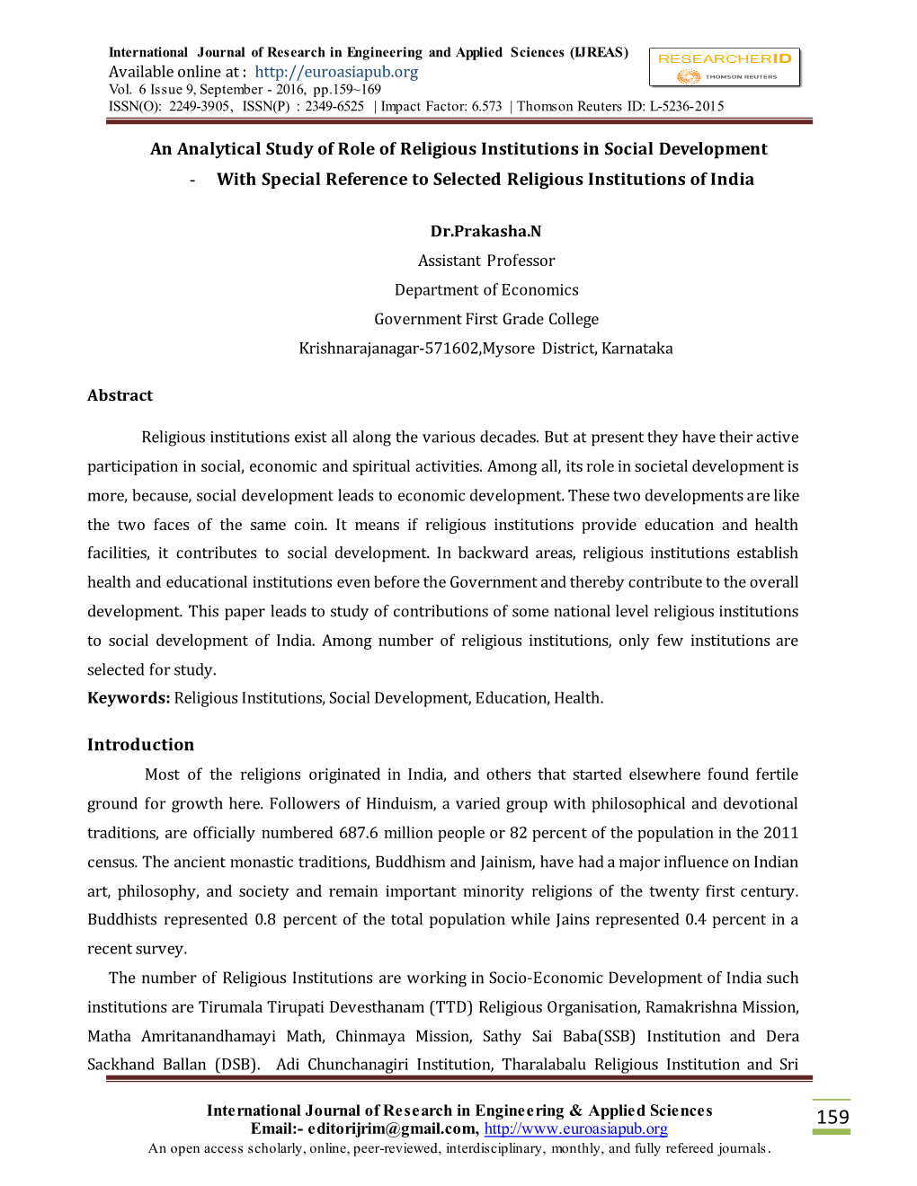 An Analytical Study of Role of Religious Institutions in Social Development - with Special Reference to Selected Religious Institutions of India