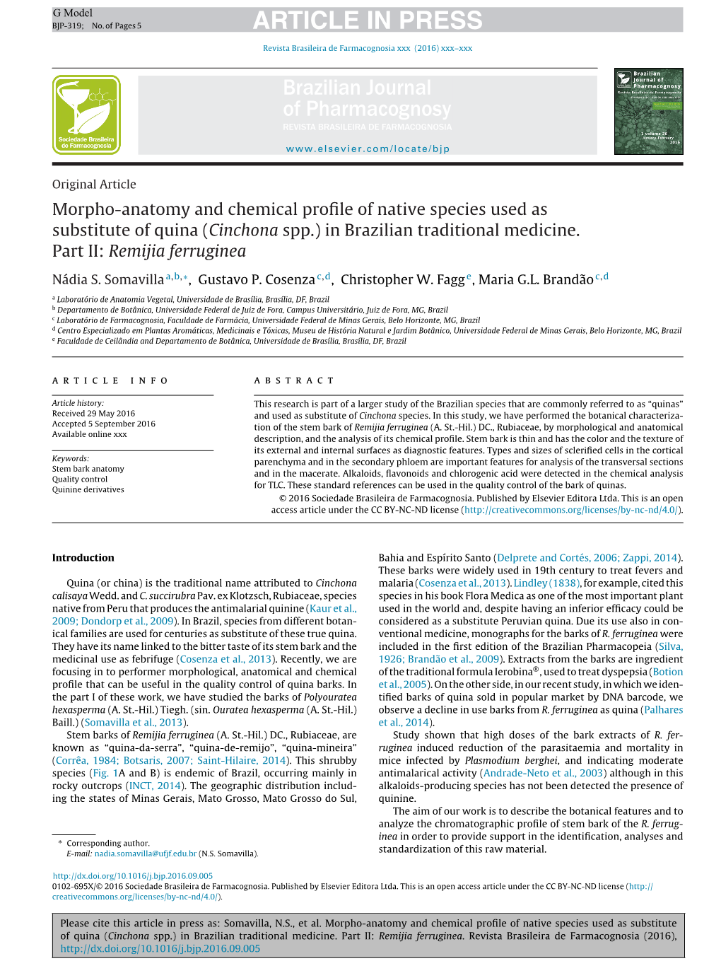 Cinchona Spp.) in Brazilian Traditional Medicine