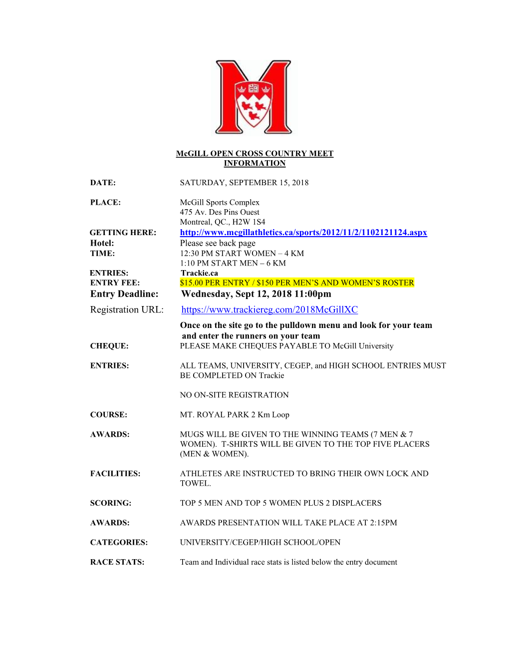 Mcgill OPEN CROSS COUNTRY MEET INFORMATION