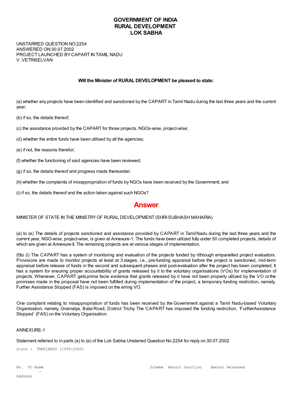 Answered On:30.07.2002 Project Launched by Capart in Tamil Nadu V