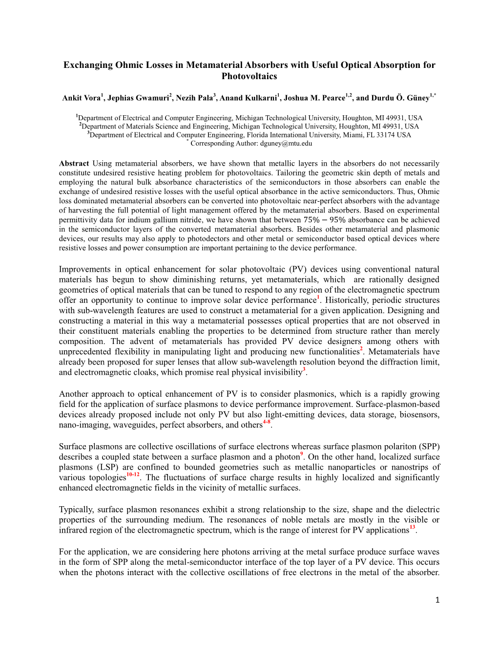 Exchanging Ohmic Losses in Metamaterial Absorbers with Useful Optical Absorption for Photovoltaics