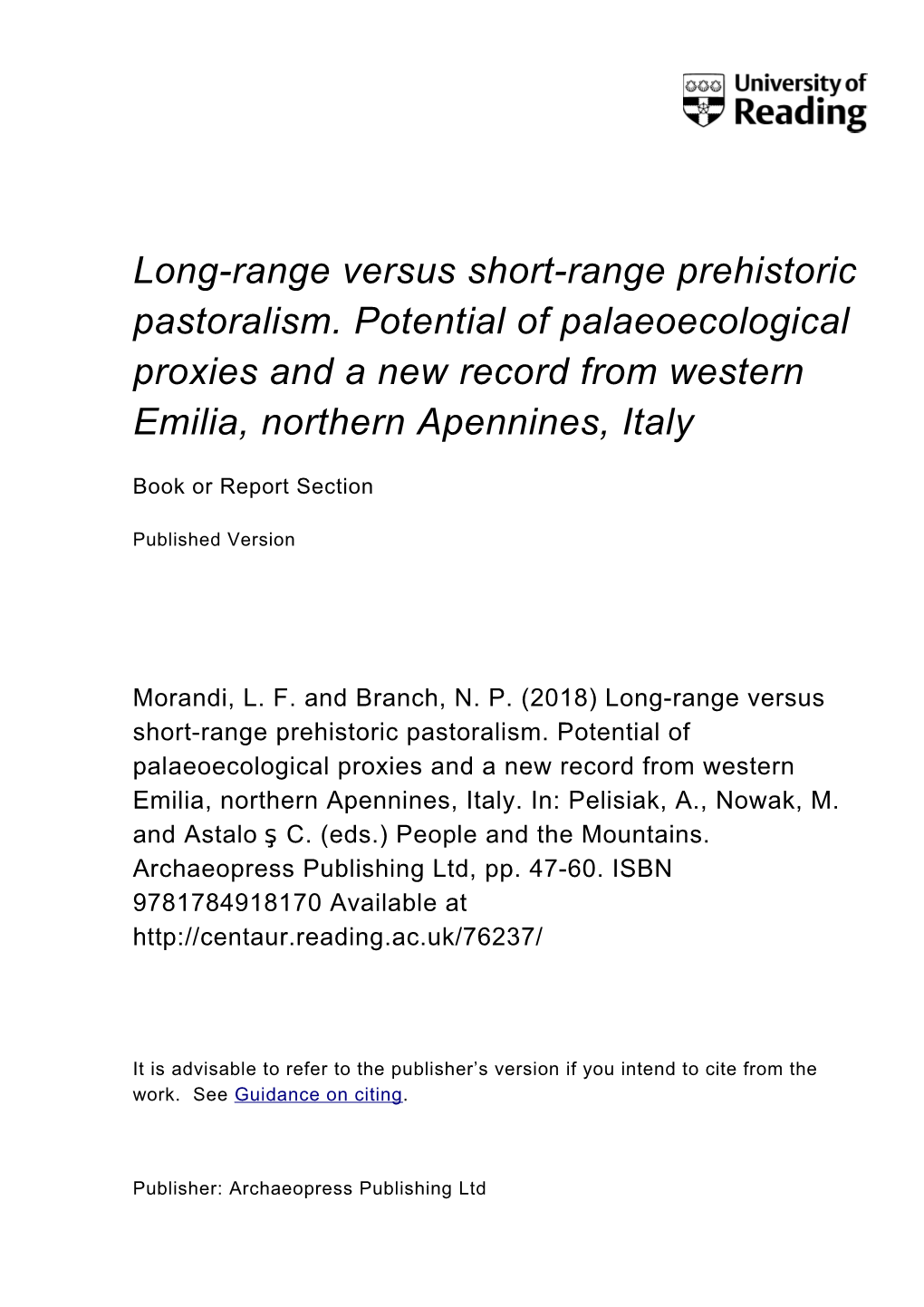 Long-Range Versus Short-Range Prehistoric Pastoralism. Potential of Palaeoecological Proxies and a New Record from Western Emilia, Northern Apennines, Italy
