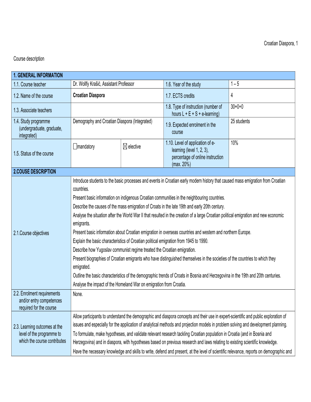 Croatian Diaspora, 1 Course Description 1. GENERAL INFORMATION 1.1. Course Teacher Dr. Wollfy Krašić, Assistant Professor