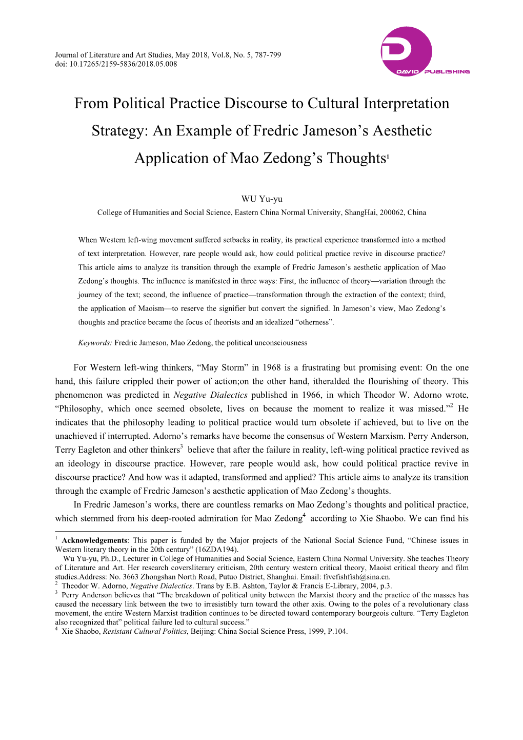 From Political Practice Discourse to Cultural Interpretation Strategy: an Example of Fredric Jameson’S Aesthetic