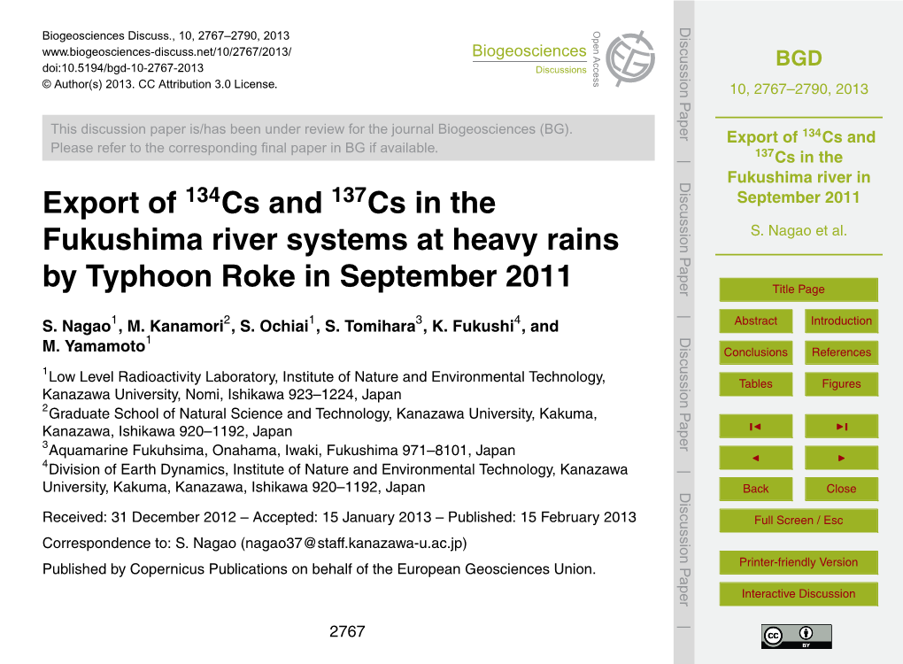 Export of 134Cs and 137Cs in the Fukushima River in September 2011 Table 4