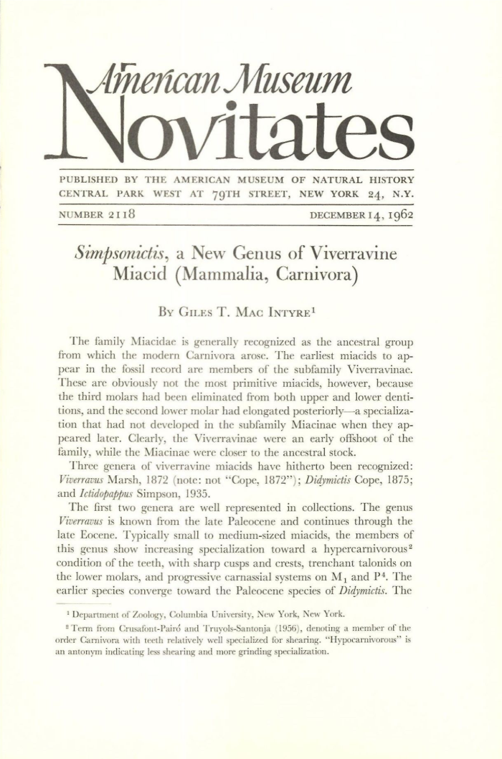 ^Kjmefican Museum Inovitates PUBLISHED by the AMERICAN MUSEUM of NATURAL HISTORY CENTRAL PARK WEST at 79TH STREET, NEW YORK 24, N.Y