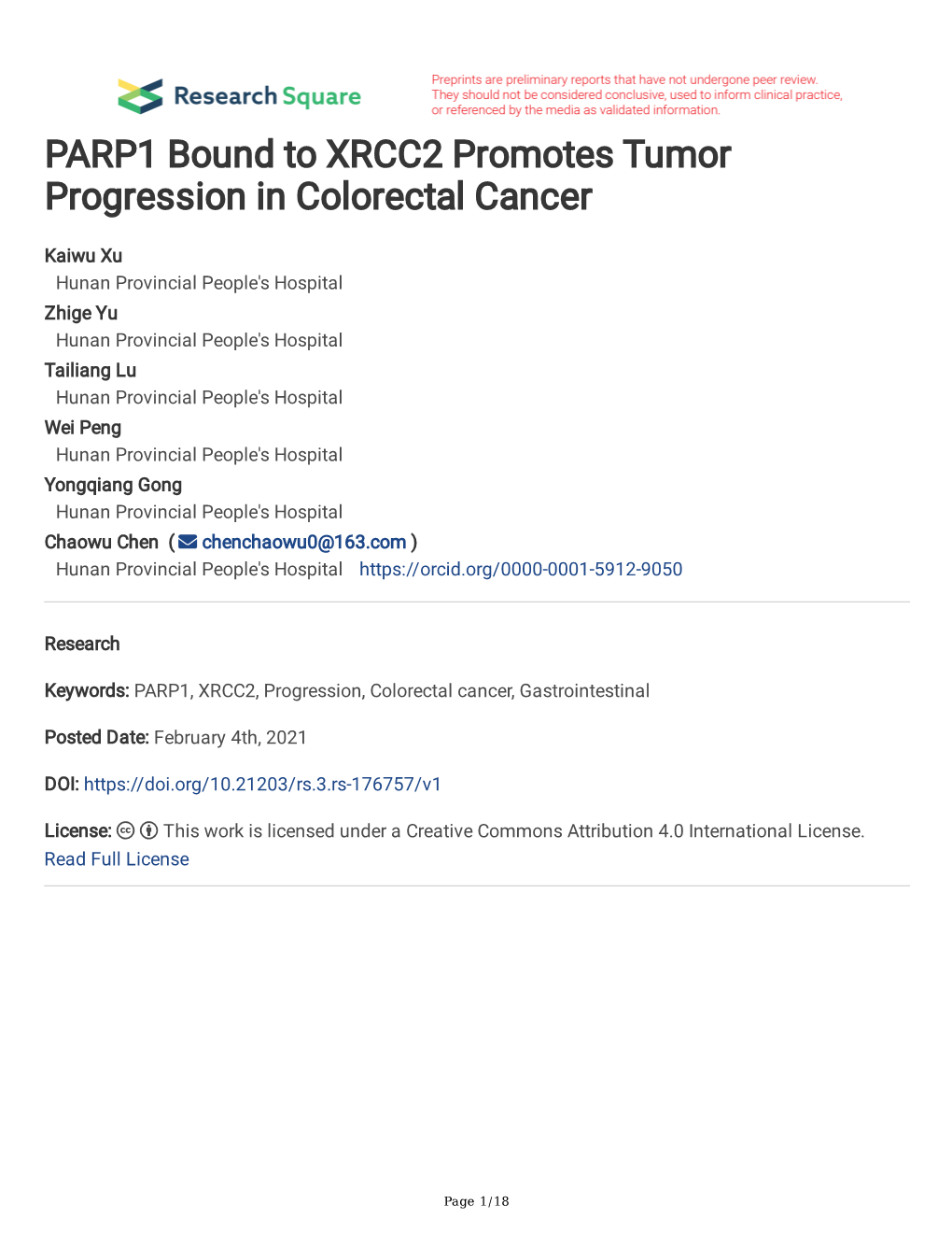 PARP1 Bound to XRCC2 Promotes Tumor Progression in Colorectal Cancer