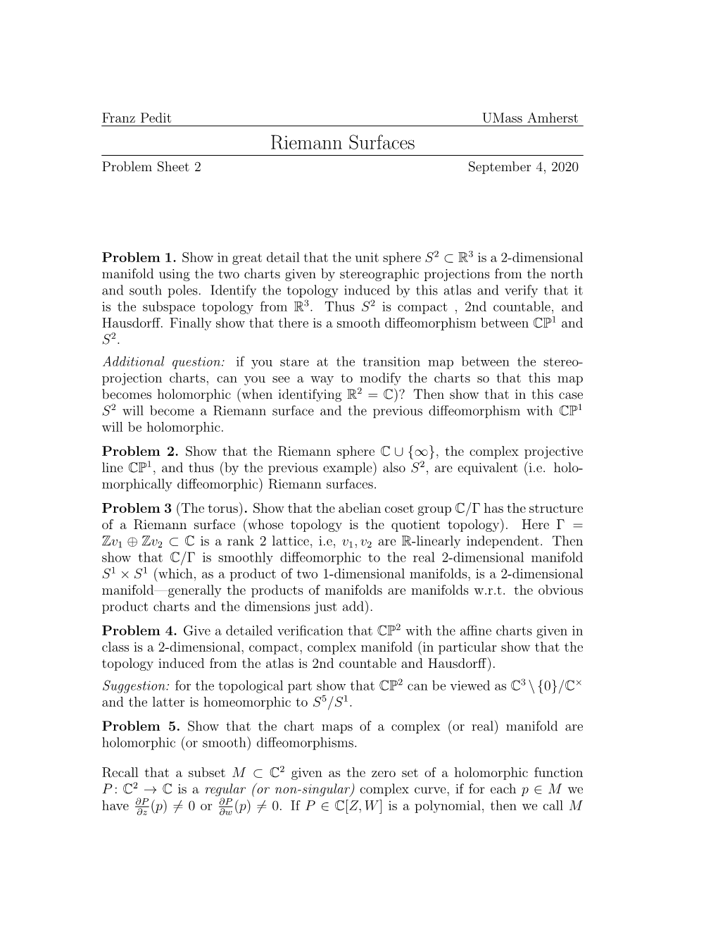 Riemann Surfaces Problem Sheet 2 September 4, 2020