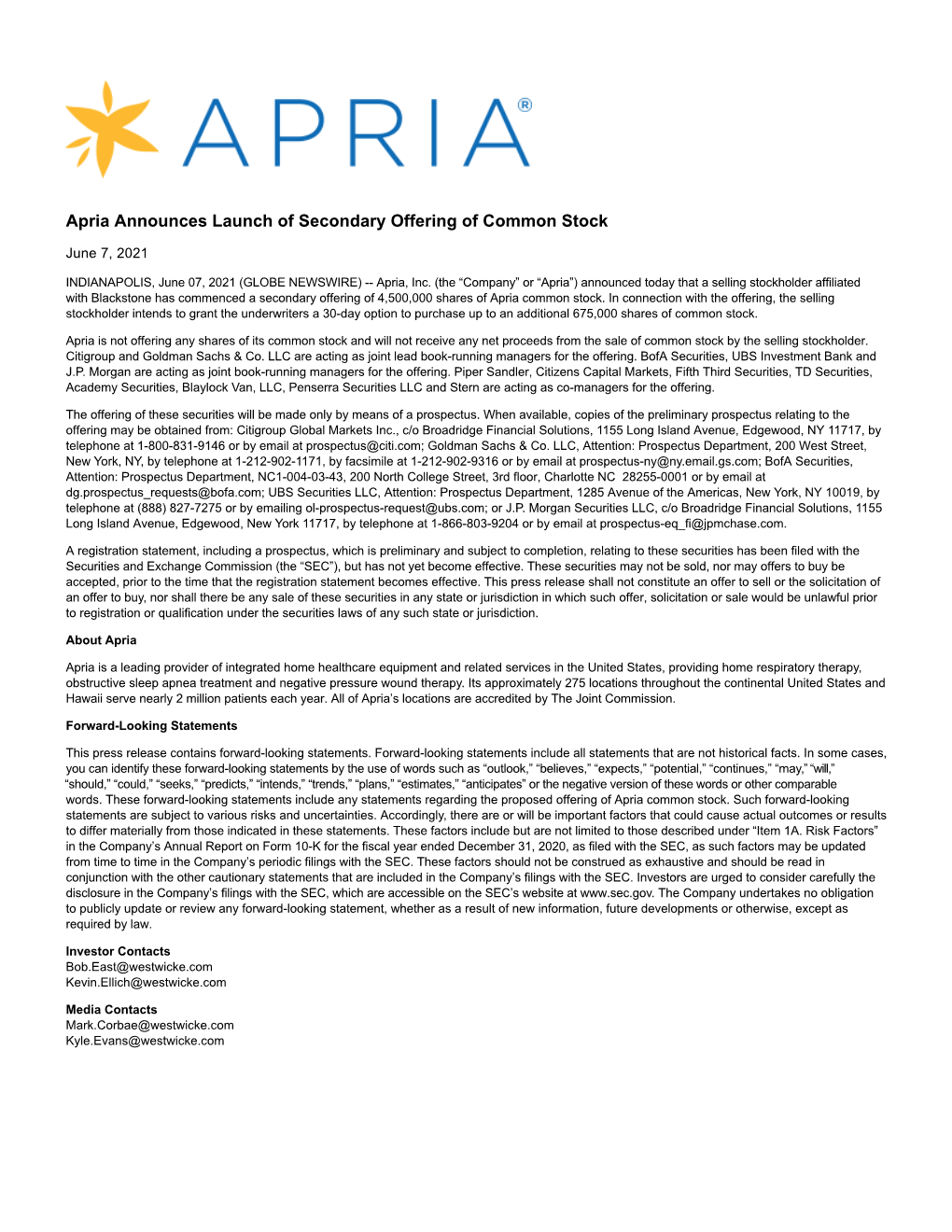 Apria Announces Launch of Secondary Offering of Common Stock