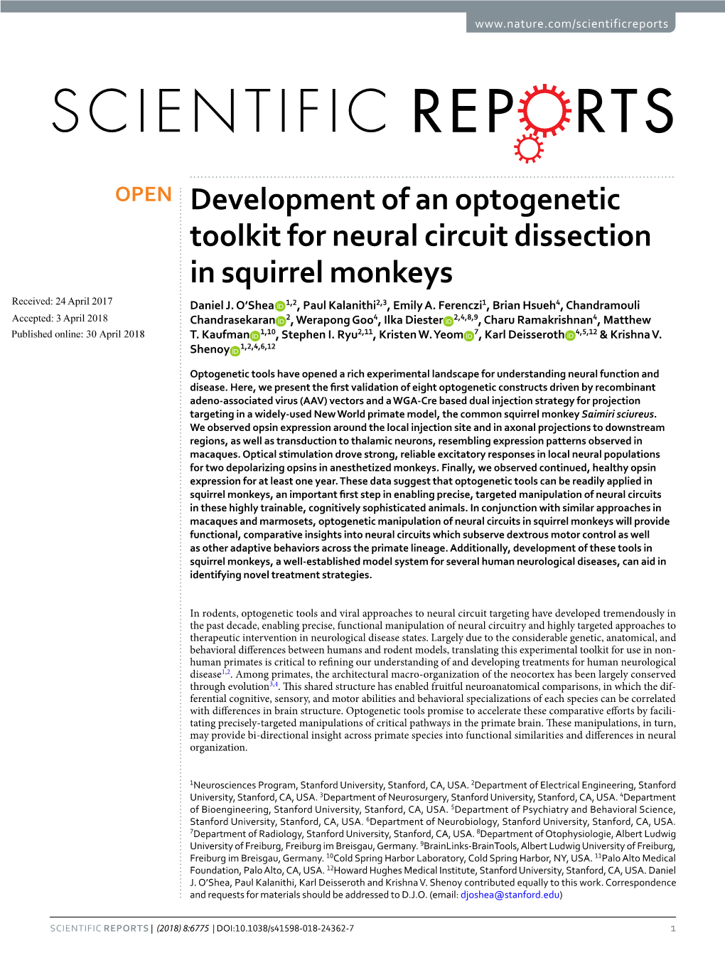 Development of an Optogenetic Toolkit for Neural Circuit Dissection in Squirrel Monkeys Received: 24 April 2017 Daniel J