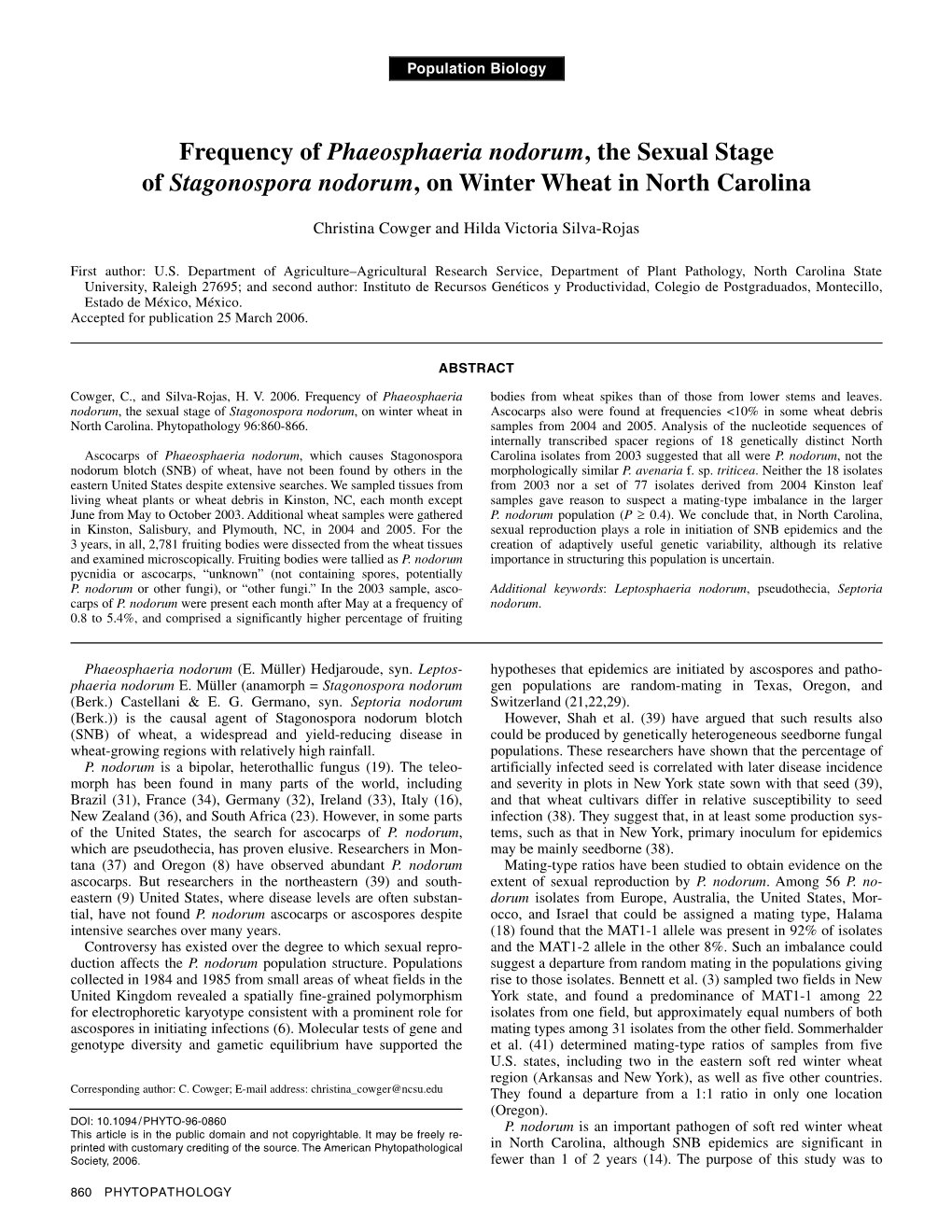 Cowger, C and HV Silva-Rojas. 2006. Frequency of Phaeosphaeria