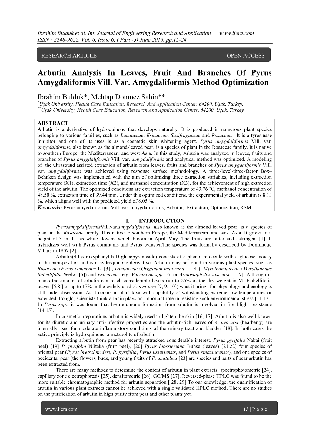 Arbutin Analysis in Leaves, Fruit and Branches of Pyrus Amygdaliformis Vill