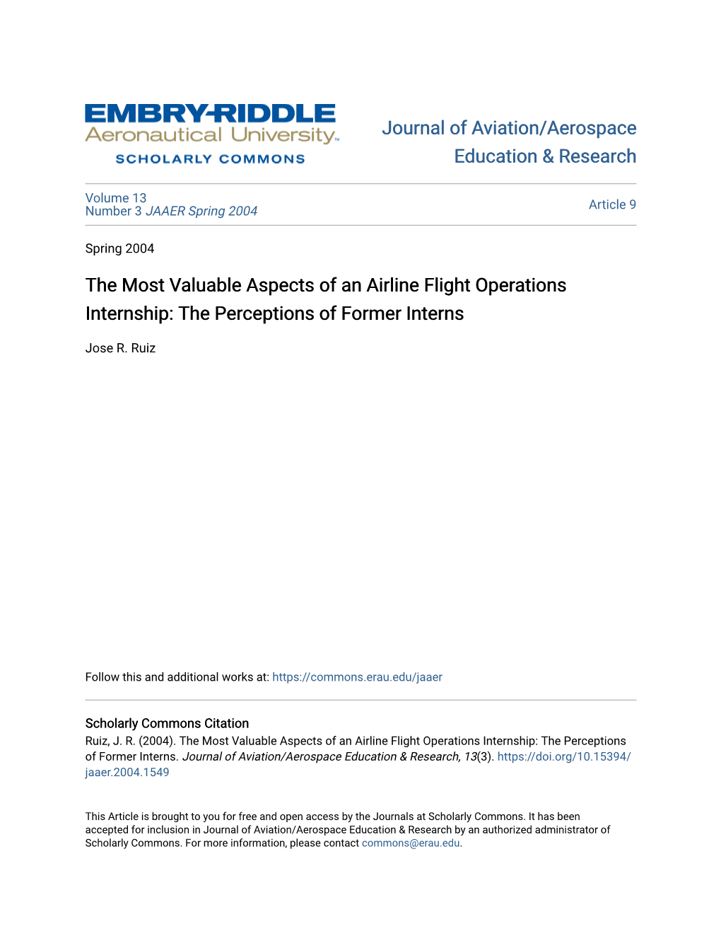 The Most Valuable Aspects of an Airline Flight Operations Internship: the Perceptions of Former Interns