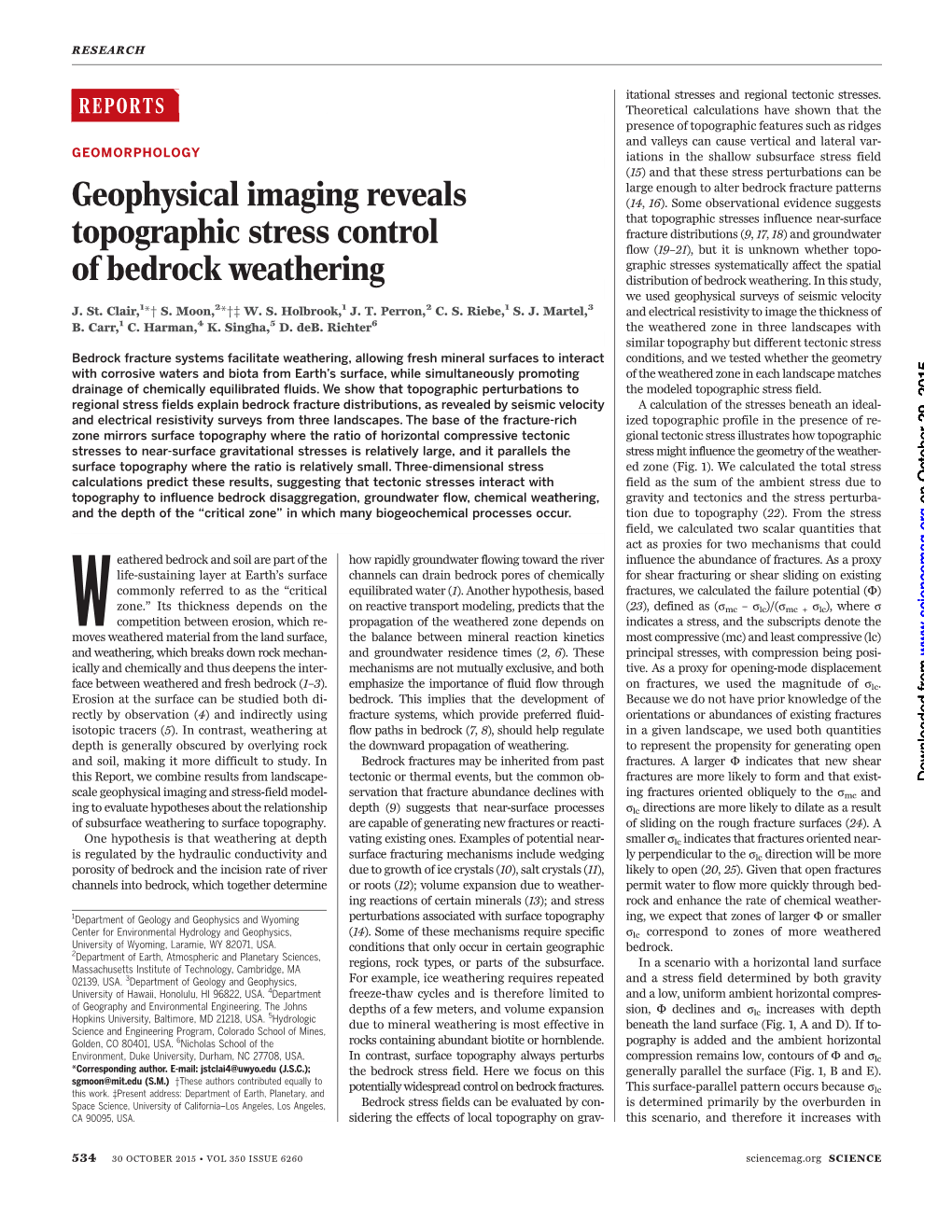 Geophysical Imaging Reveals Topographic Stress Control of Bedrock Weathering J