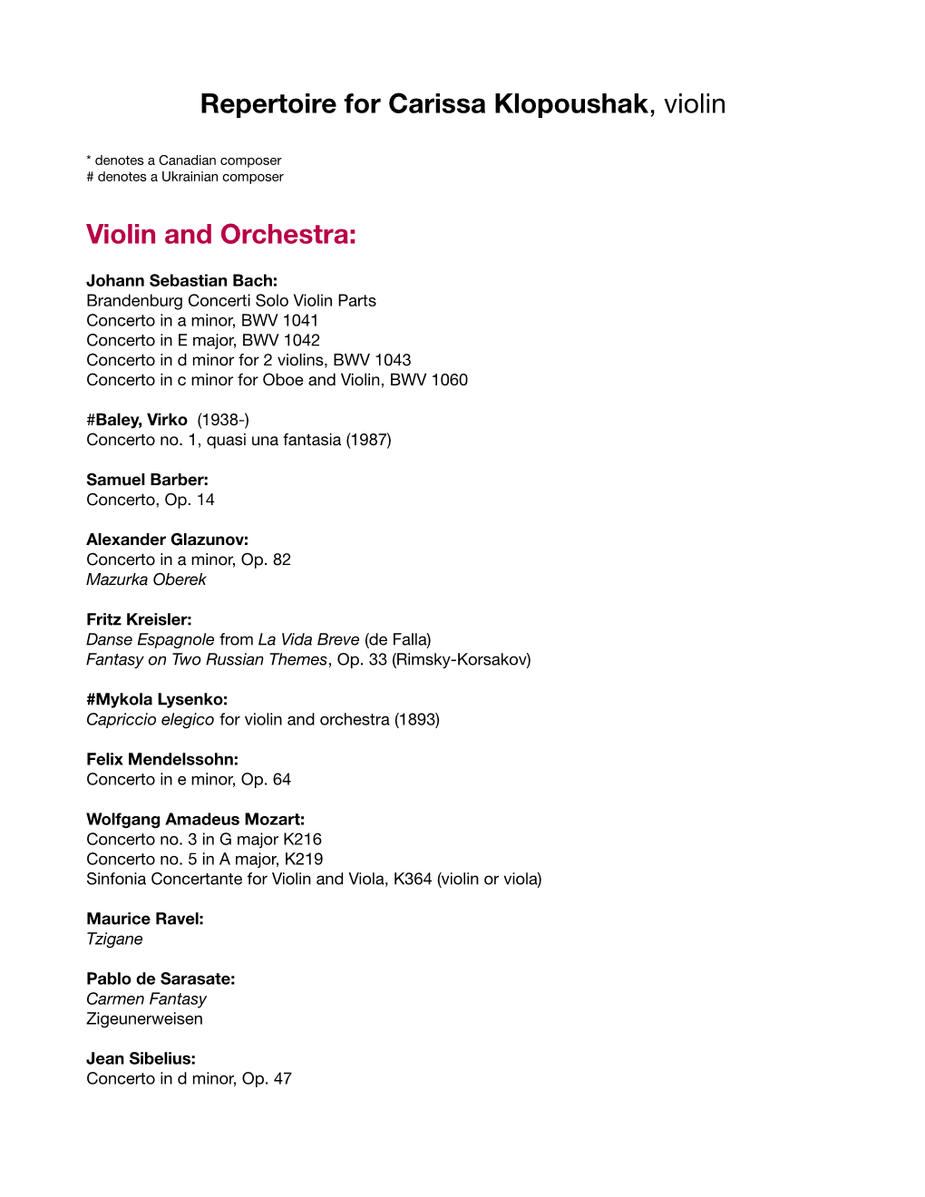 Repertoire for Carissa Klopoushak, Violin Violin and Orchestra